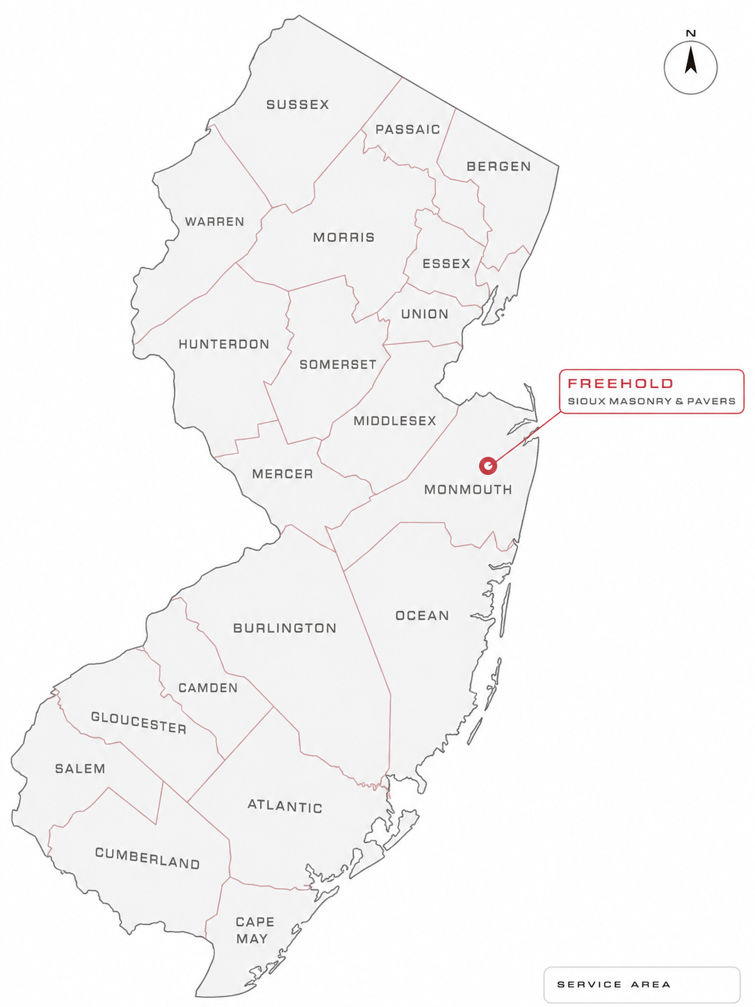 Sioux Masonry & Pavers — New Jersey service area map with all 21 counties outlined and Freehold HQ pinned in Monmouth County