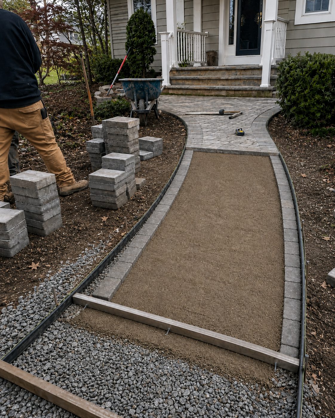 The Sioux Masonry & Pavers crew on a job site — laying paver edge restraints and bedding sand in Monmouth County